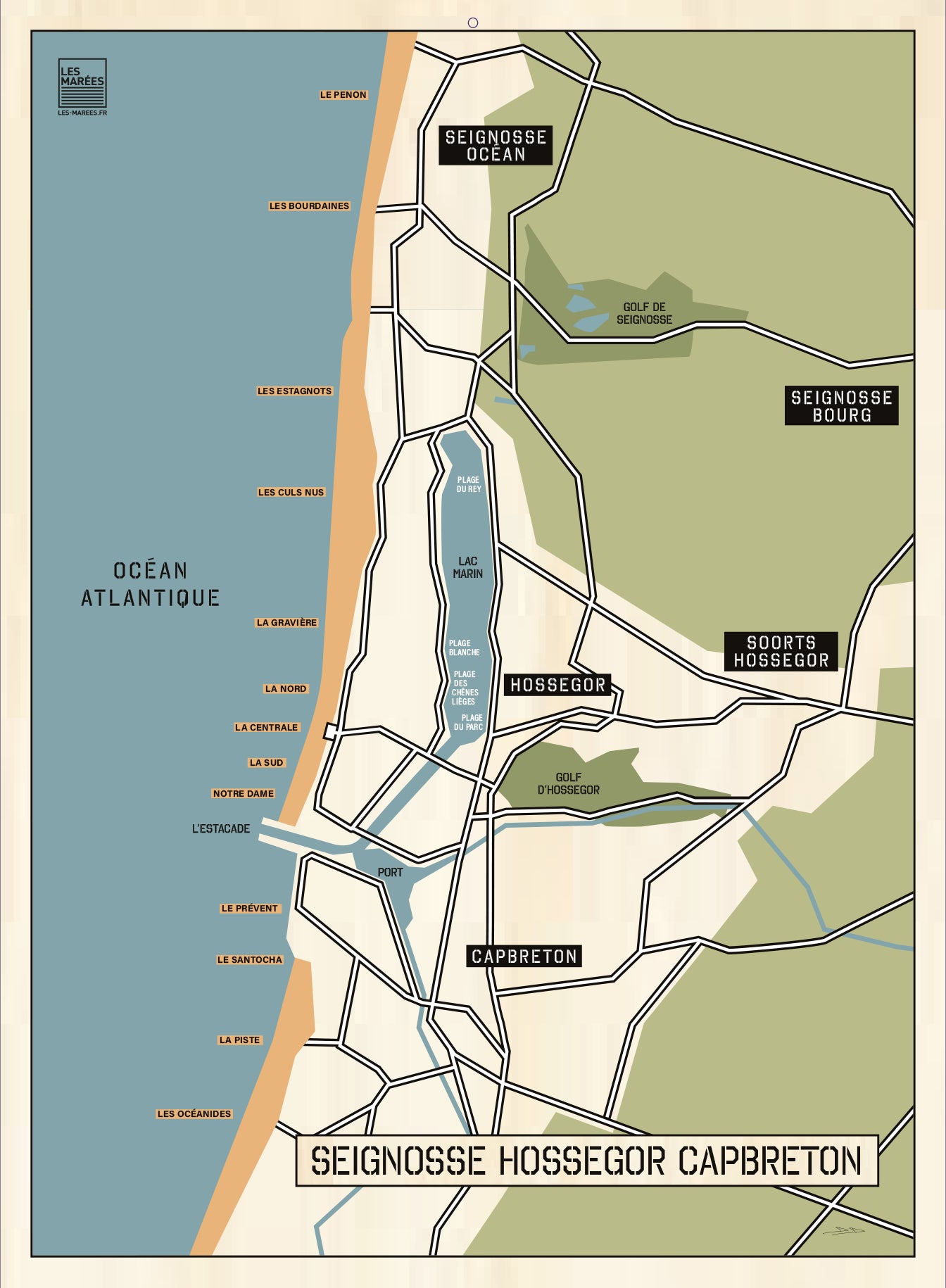 Carte des plages Hossegor sur bois